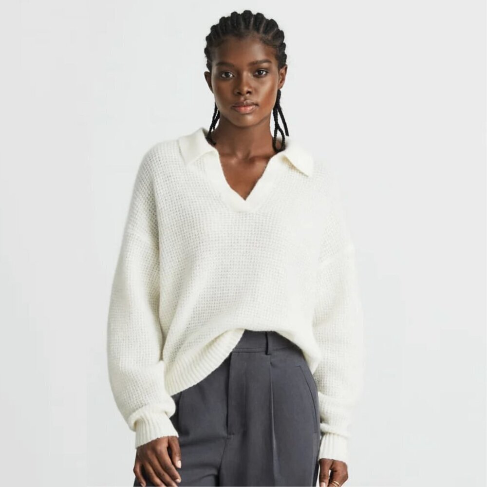 Everlane The Alpaca Wool Waffle-Stitch Polo Pullover Knit Sweater White, XXS